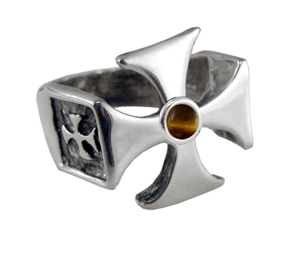 Sterling Silver Iron Cross Ring With Tiger Eye For a Man or Woman Size 6